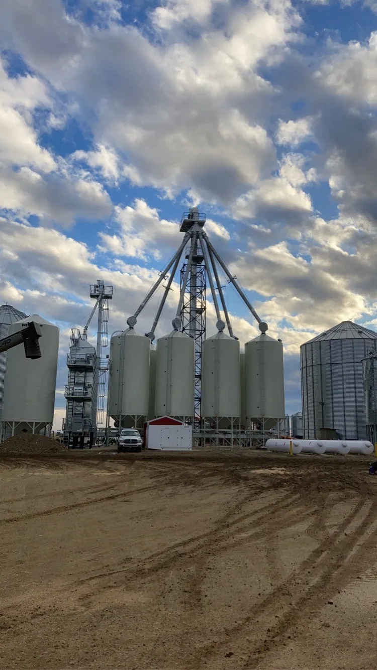 Installed bucket elevator, spouting and grain bins