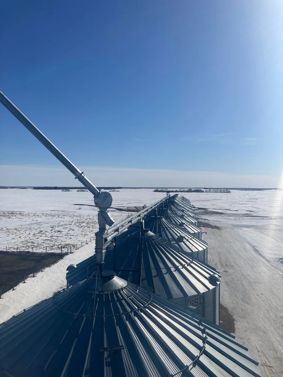 Long double-run conveyor aligned above the storage bins